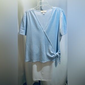 2 Piece Michael Kors Light Blue Striped Wrap Blouse With White Flowy Capris